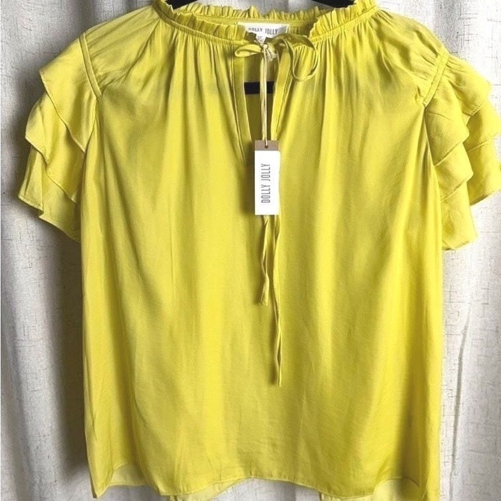 Dolly Jolly Chartreuse Ruffle Sleeve Tie Neck Blouse
